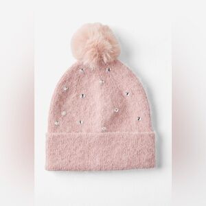 Kids Pink Rhinestone Knit Beanie with Pom – One Size NWT